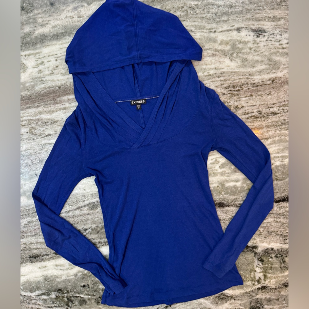 Express Women's Blue Hooded Long Sleeve Top